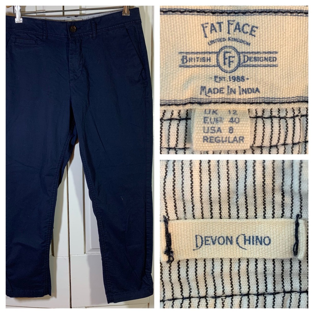 Fat Face Devon Chino Navy Blue Regular Fit Women's Pants Size 8 Basic Minimalist
